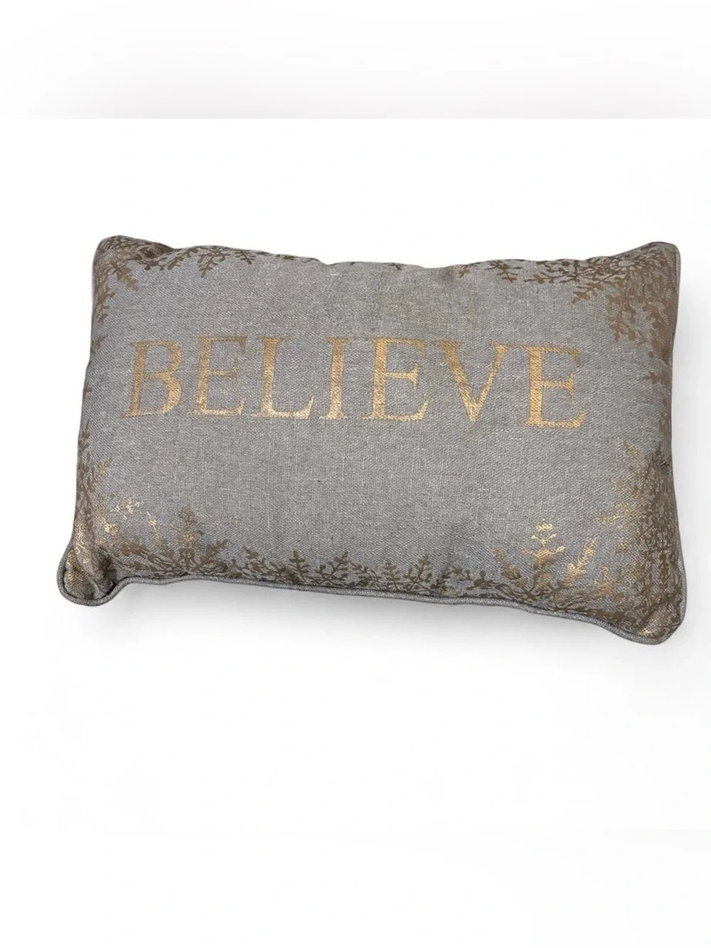 Holiday 'Believe' Decorative Pillow in Gold on Gray